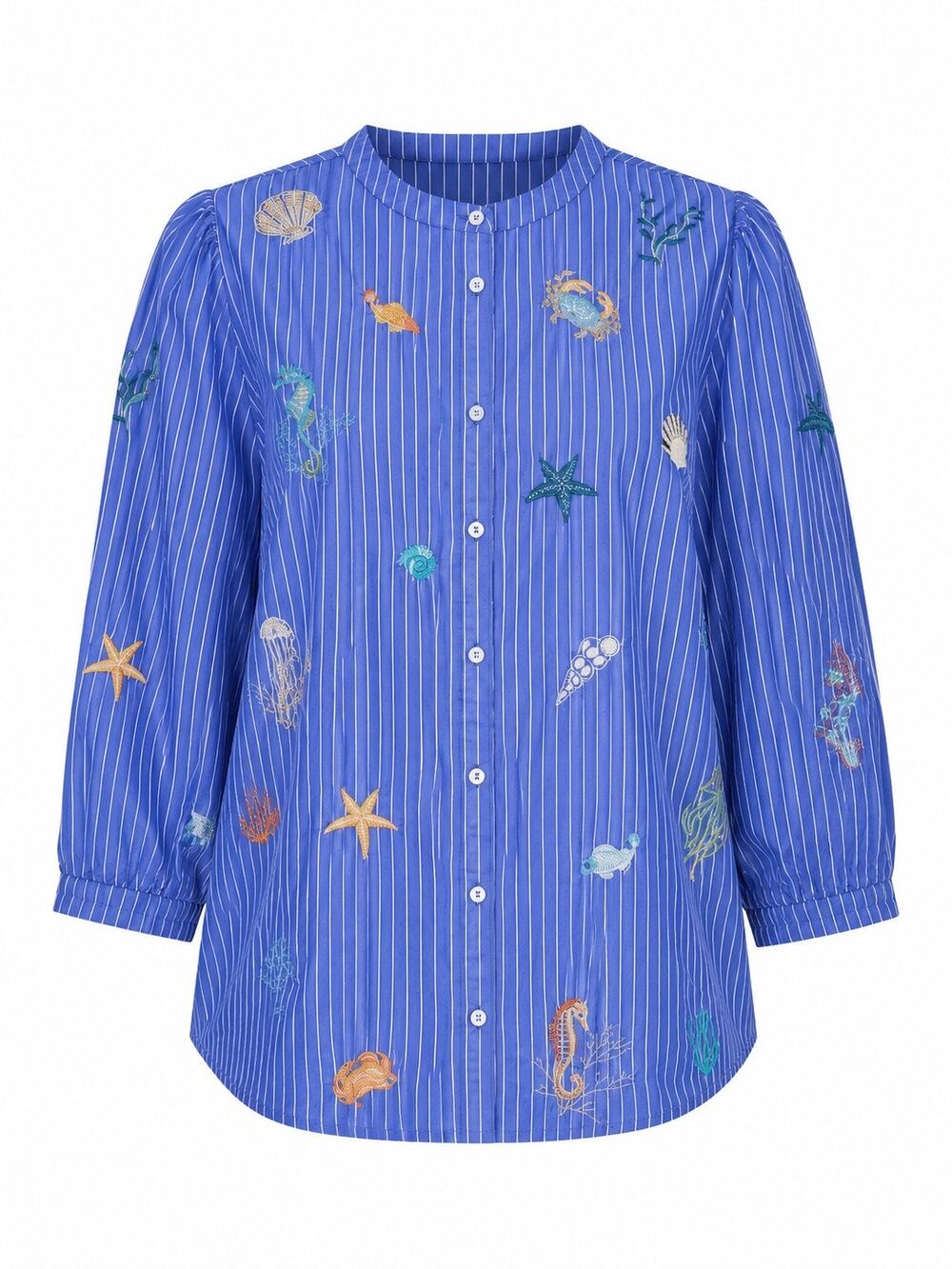 Johnny Was Portia Puff Sleeve Shirt Striped Embroidery Blue Size 2X